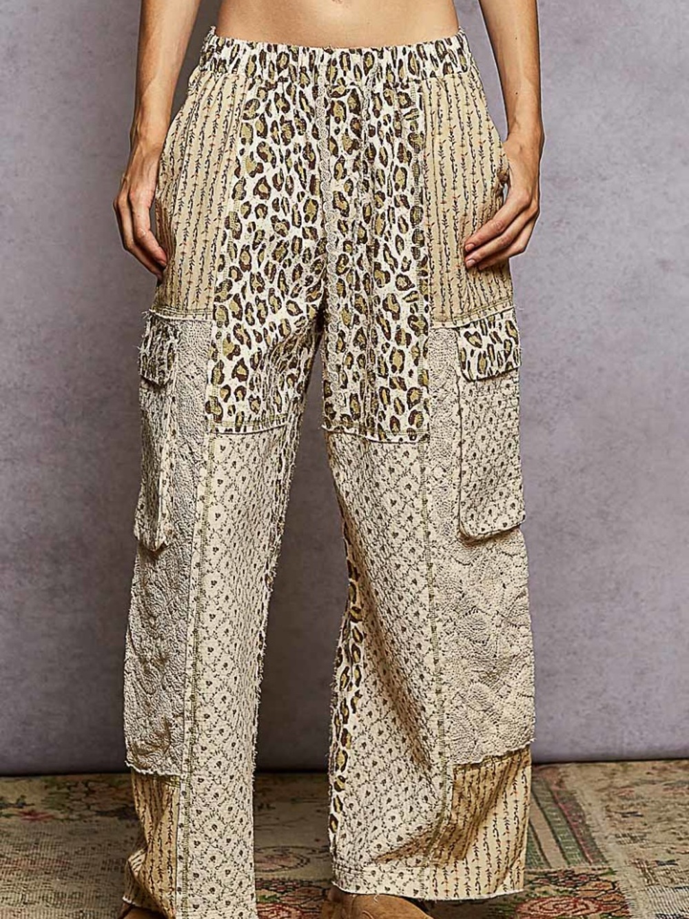 POL Women's Beige Leopard Patchwork Cargo Pants